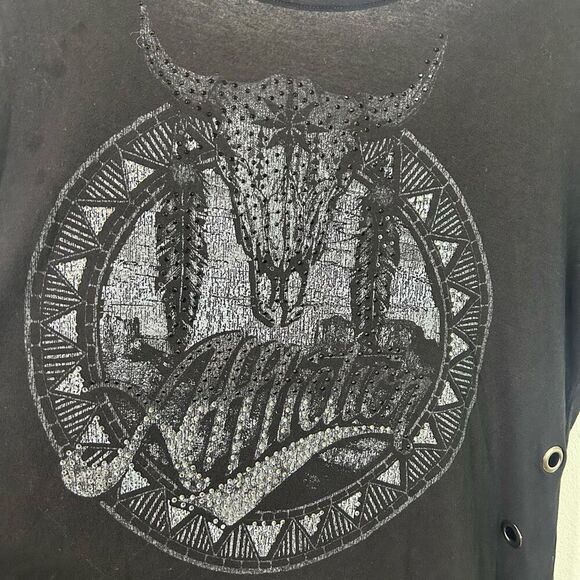 Affliction Womens Black Graphic Tee Size M‎ Bull Skull Studded Boho Western - Picture 3 of 11